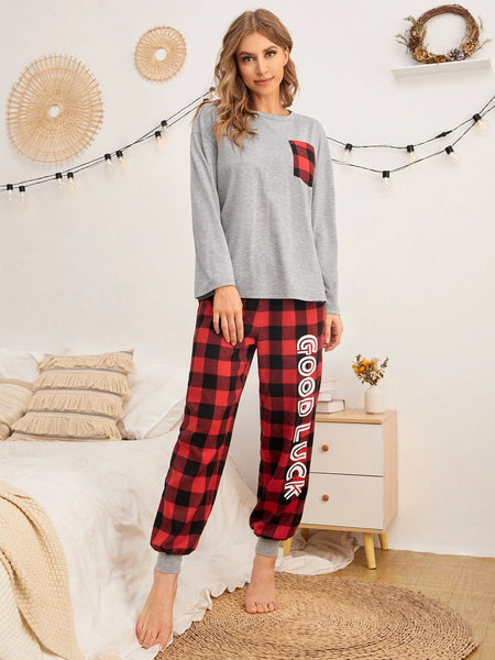 Red Good Luck Checkered Night Suit For Women