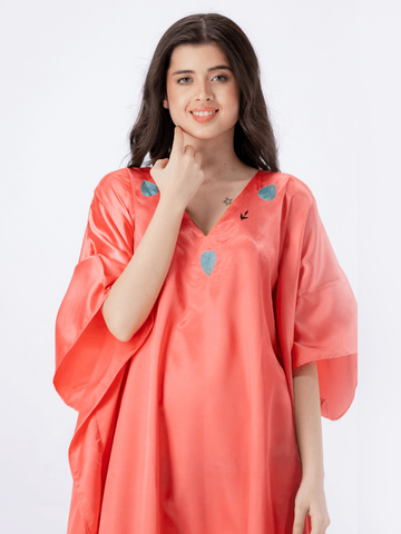 Orange Leaves Silk Caftan For Women