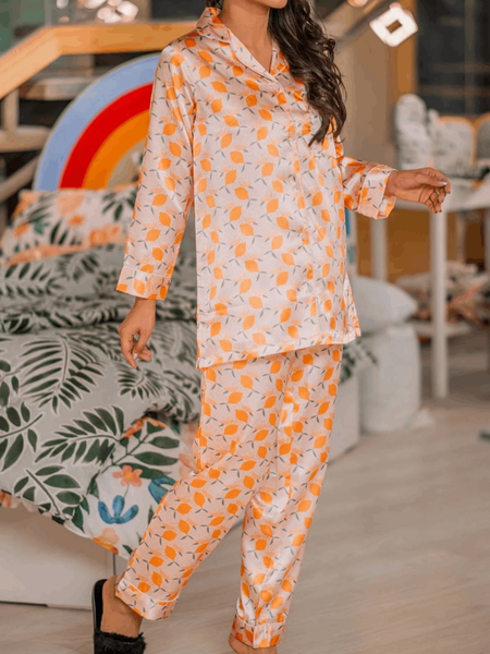 Orange Lemon Satin Silk Pj Set For Women