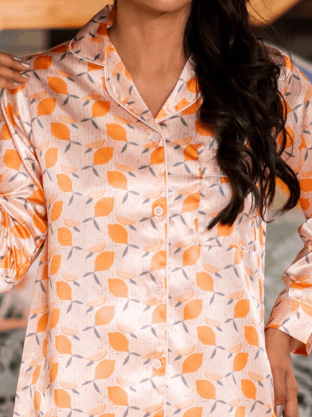 Orange Lemon Satin Silk Pj Set For Women