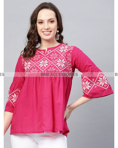Pink Embroidered Empire Stitched Short Kurti For Women