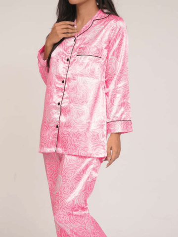 Pink Flowers Silk Pj Set For Women