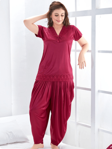 Pink Patiala Style Silk Night Suit For Women