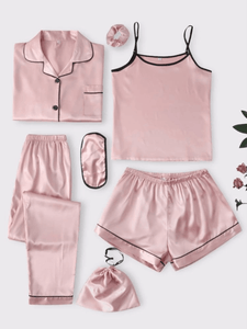 Pink Solid 7 Piece Satin Silk Lingerie Set For Women