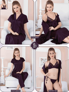 Purple Solid 6 Piece Silk Lingerie Set For Women
