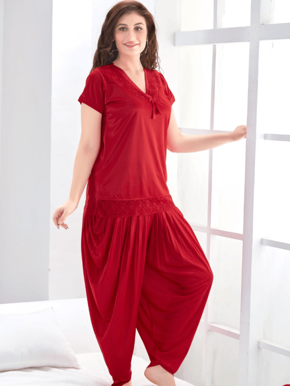 Red Patiala Style Silk Night Suit For Women