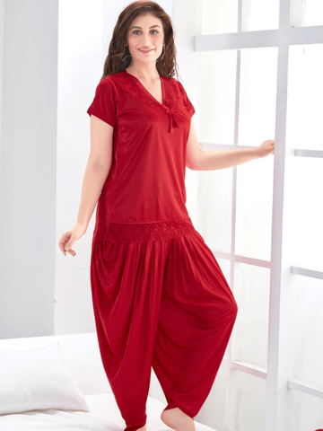 Red Patiala Style Silk Night Suit For Women