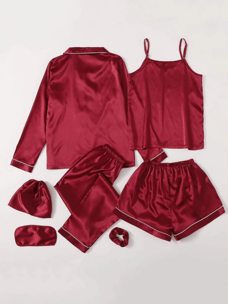 Red Solid 7 Piece Satin Silk Lingerie Set For Women