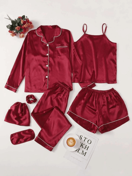 Red Solid 7 Piece Satin Silk Lingerie Set For Women