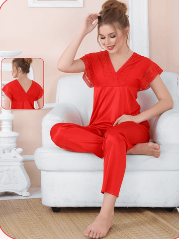 Red V Neck Net Style Silk Night Suit For Women