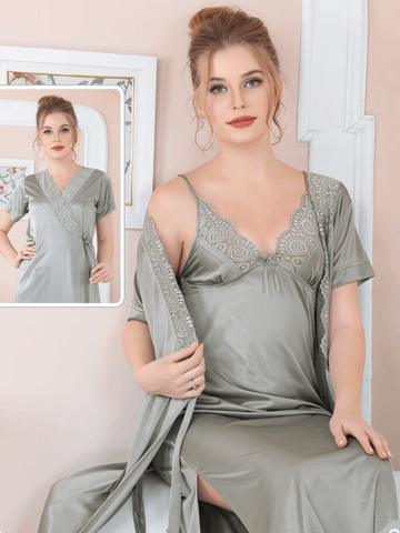 Silver Solid 2 Piece Silk Lingerie Set For Women