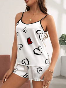 White Black Hearts Silk Round Neck Cami Set For Women