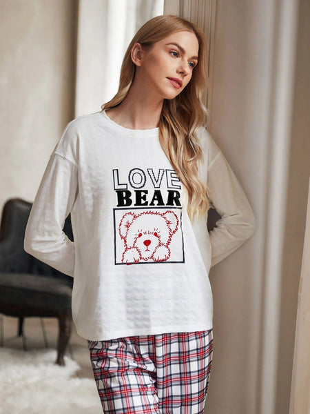 White Love Bear Night Suit For Women