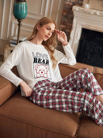 White Love Bear Night Suit For Women
