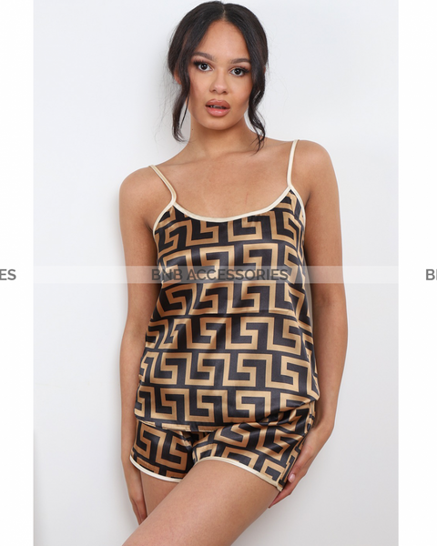 Brown And Black Textured Design Cami Set For Women