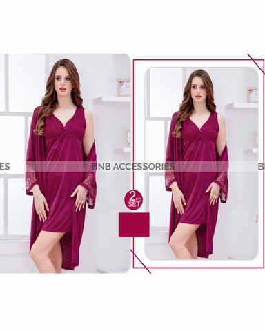 Plum 2 piece silk nighty set for women