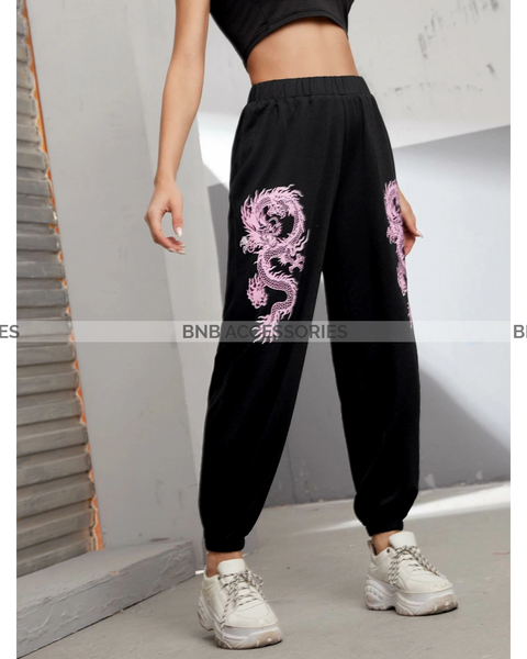 Black with Pink Dragon Printed Trouser For Women