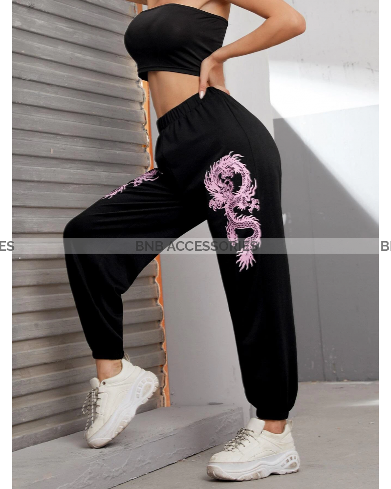 Black with Pink Dragon Printed Trouser For Women