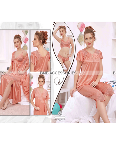 Flamingo 6 piece mesh and lace silk lingerie set for women