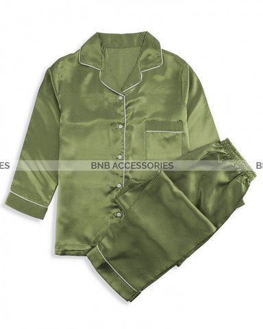 Green with White Polka Dot Silk Night Suit For Women
