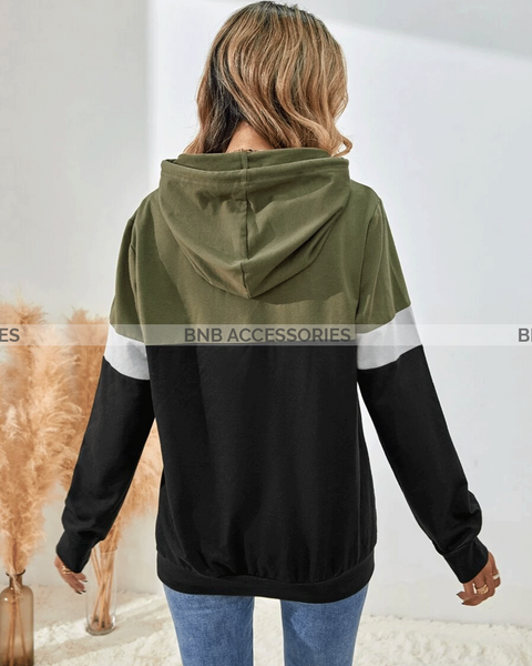 Green With Black And White Stripes Kangaroo Hoodie For Women