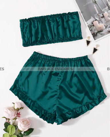 Green Satin Striped Frill Trim Tube Top And Shorts Set For Women