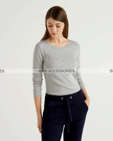 Grey Full Sleeves Round Neck T-Shirt For Women