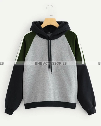 Grey With Green White Stripe Kangaroo Hoodie For Women