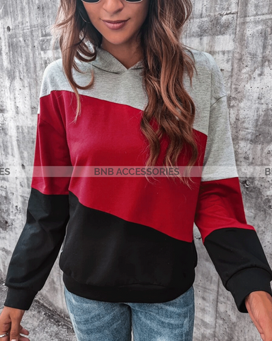 Grey With Red And Black Stripes Kangaroo Hoodie For Women
