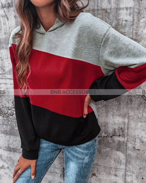 Grey With Red And Black Stripes Kangaroo Hoodie For Women