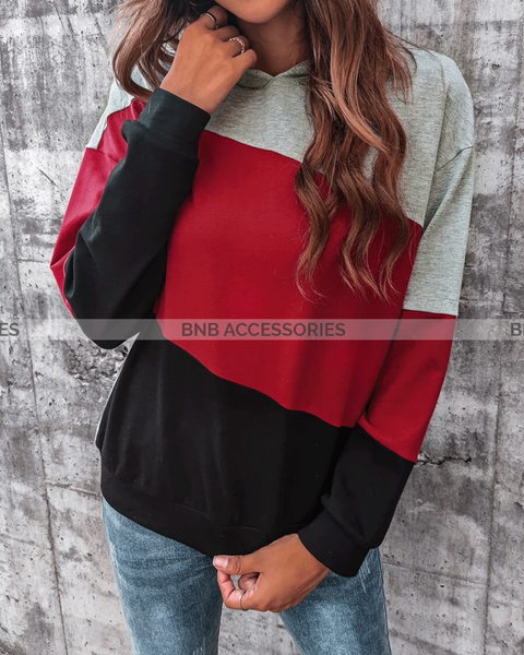Grey With Red And Black Stripes Kangaroo Hoodie For Women