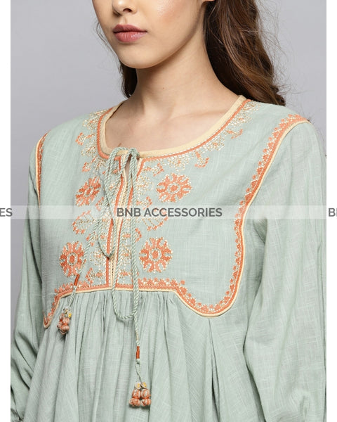 Ice Green Stitched Embroidered Short Kurti For Women