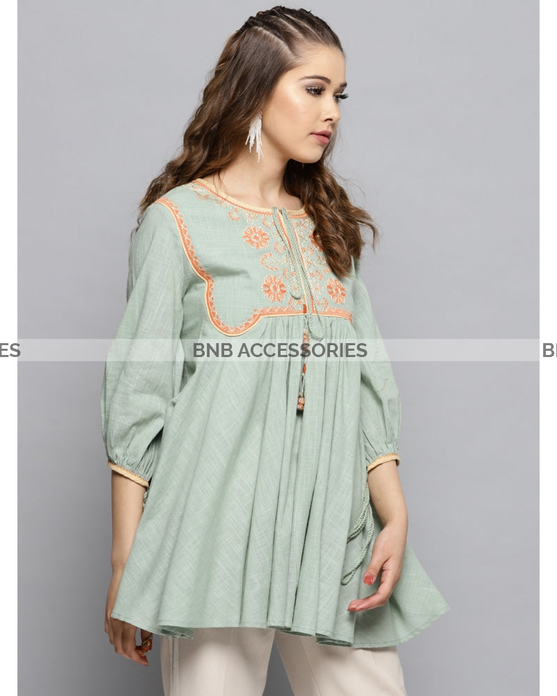 Ice Green Stitched Embroidered Short Kurti For Women