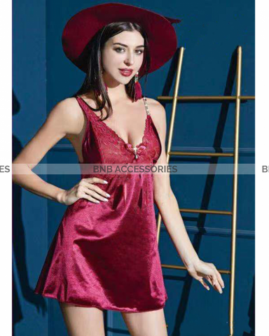 Maroon silk lace mesh cami set for women