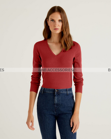 Maroon Full Sleeves V Neck T-Shirt For Women