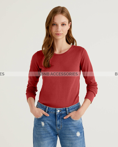 Maroon Full Sleeves Round Neck T-Shirt For Women