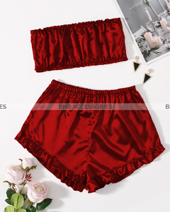 Maroon Satin Striped Frill Trim Tube Top And Shorts Set For Women