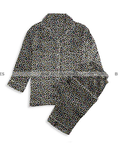 Black with Multi Color Bubbles Silk Night Suit For Women