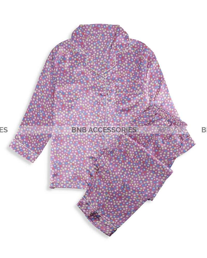 Purple Multi Color Bubbles Silk Night Suit For Women