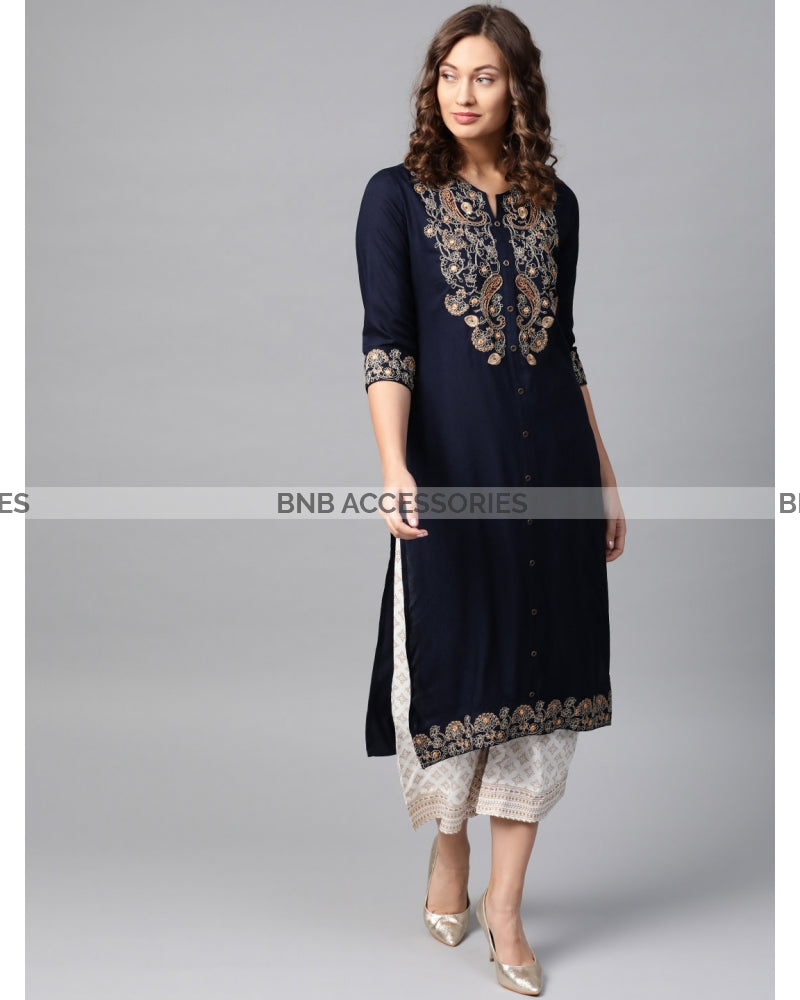 Navy Blue Stitched Embroidered Kurti For Women