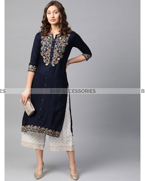 Navy Blue Stitched Embroidered Kurti For Women