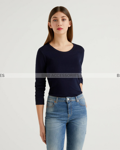 Navy Blue Full Sleeves Round Neck T-Shirt For Women