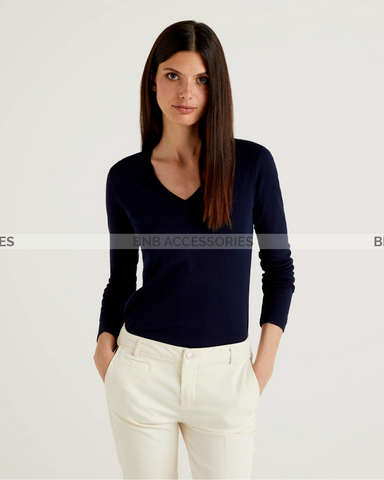 Navy Blue Full Sleeves V Neck T-Shirt For Women