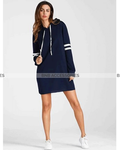 Navy Blue With Sleeves Stripes Long Kangaroo Hoodie For Women
