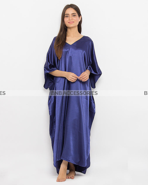 Navy Blue Plain Silk Caftan For Women