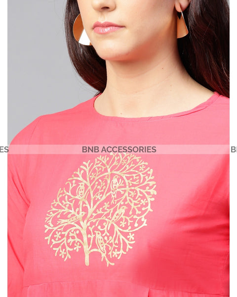 Pink Stitched Printed Short Kurti For Women