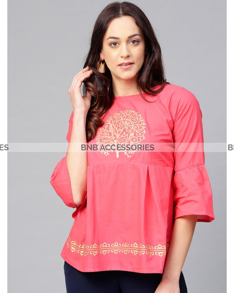 Pink Stitched Printed Short Kurti For Women