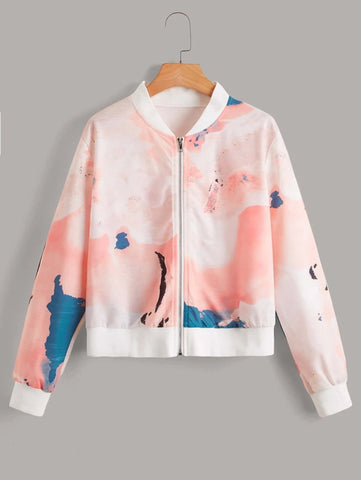 Pink Abstract Bomber Jacket For Women