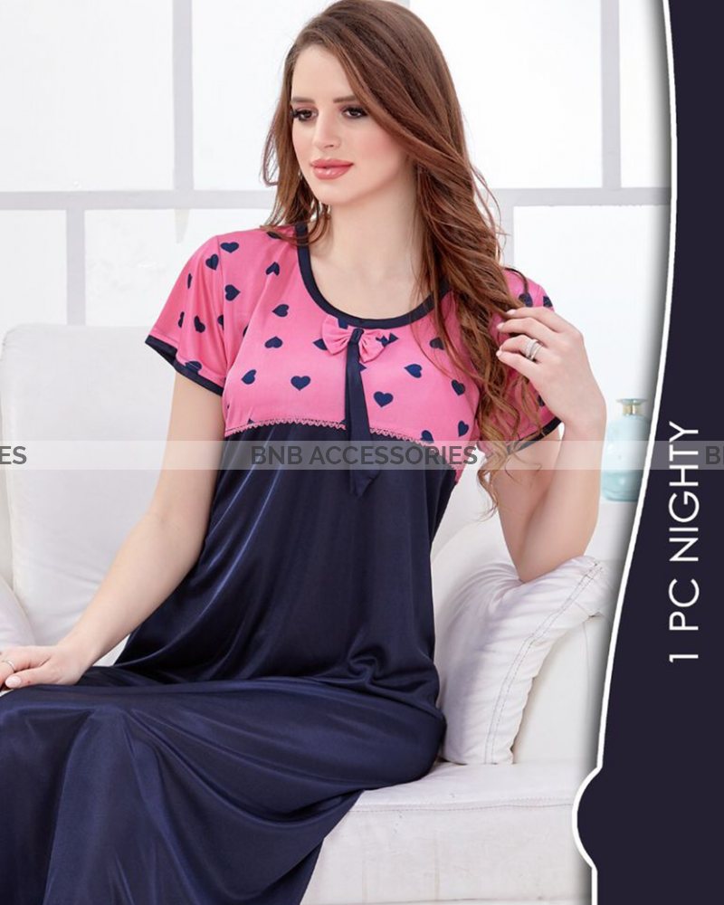 Blue with hearts silk night gown for women