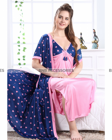 Pink with blue silk inner plus gown night dress for women